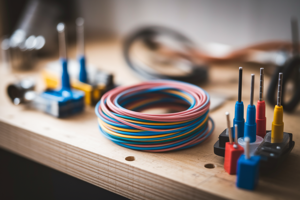 cables-electriques-enroules-etabli-bois