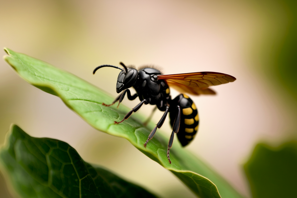 frelon-noir-grosplan-feuille-verte