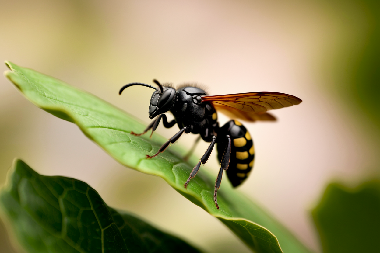 frelon-noir-grosplan-feuille-verte