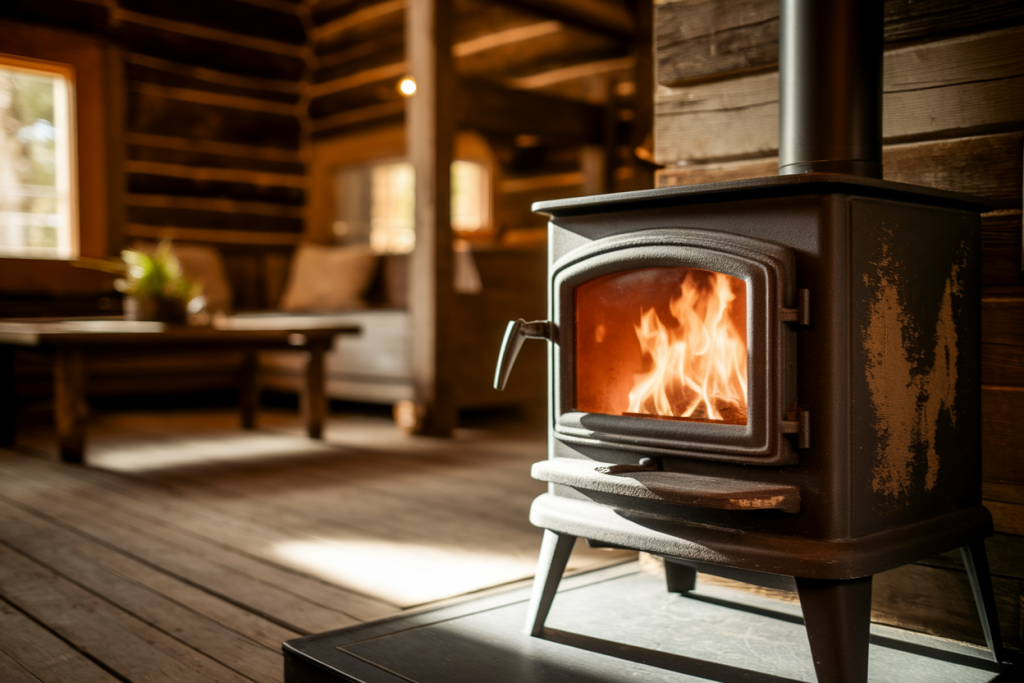 interieur-cabane-rustique-poele-chaleur