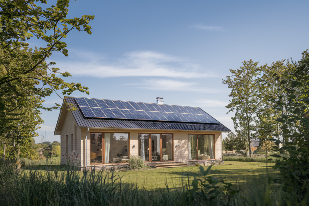 maison-moderne-ecologique-panneaux-solaires-paysage-verdoyant