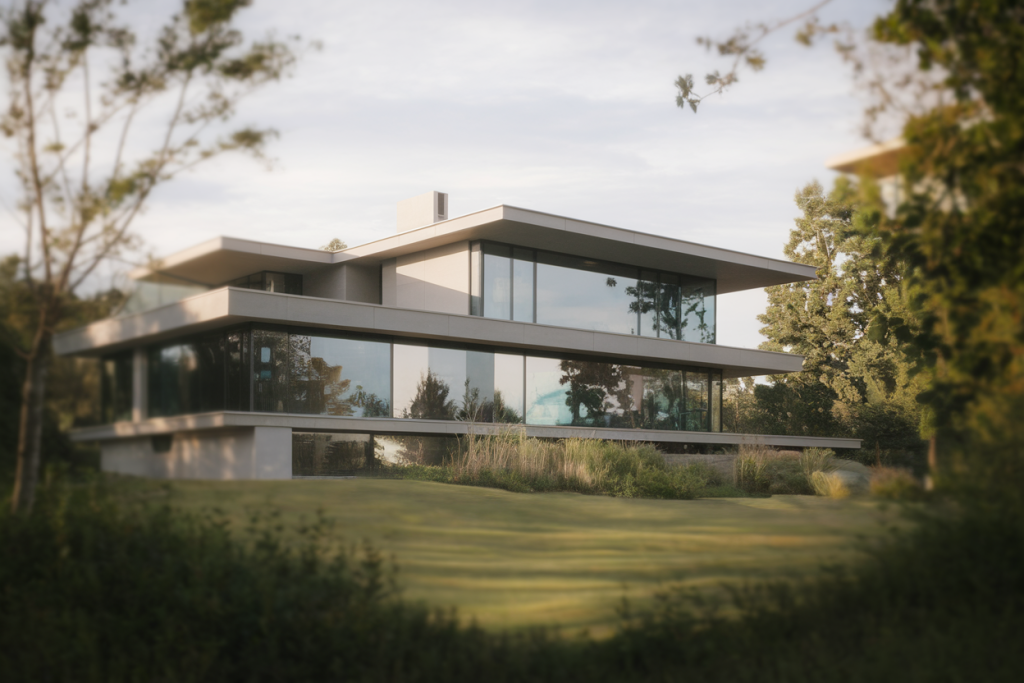 maison-moderne-facade-verre-verdure