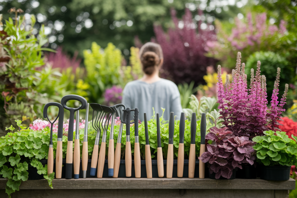 personne-dos-jardin-fleuri-outils