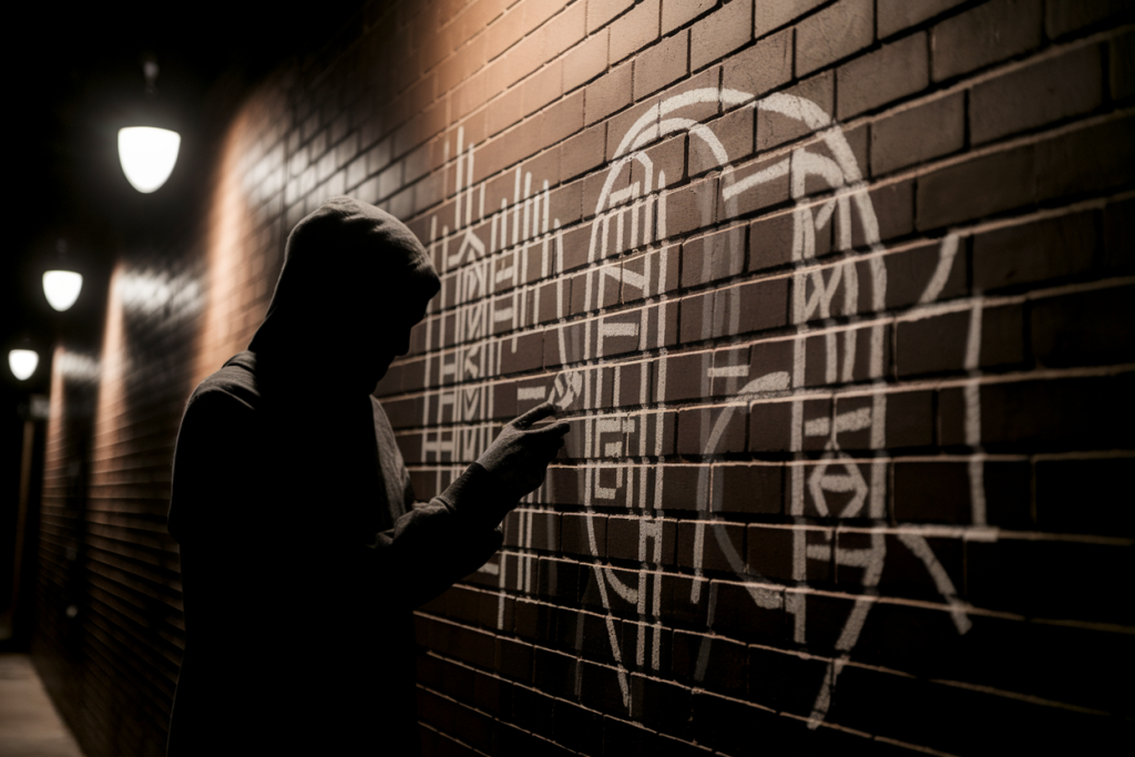 silhouette-mur-briques-symboles-craie