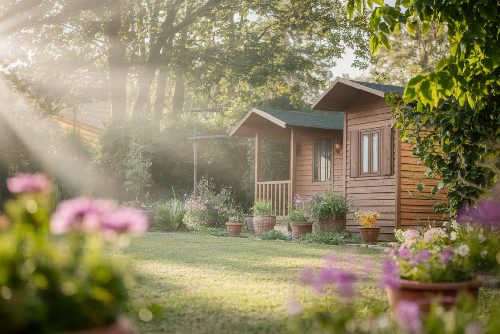 bungalow-bois-jardin-fleuri-rayons-soleil
