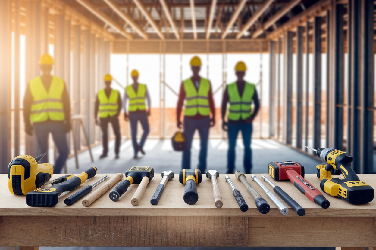 outils-etabli-chantier-ouvriers-casques