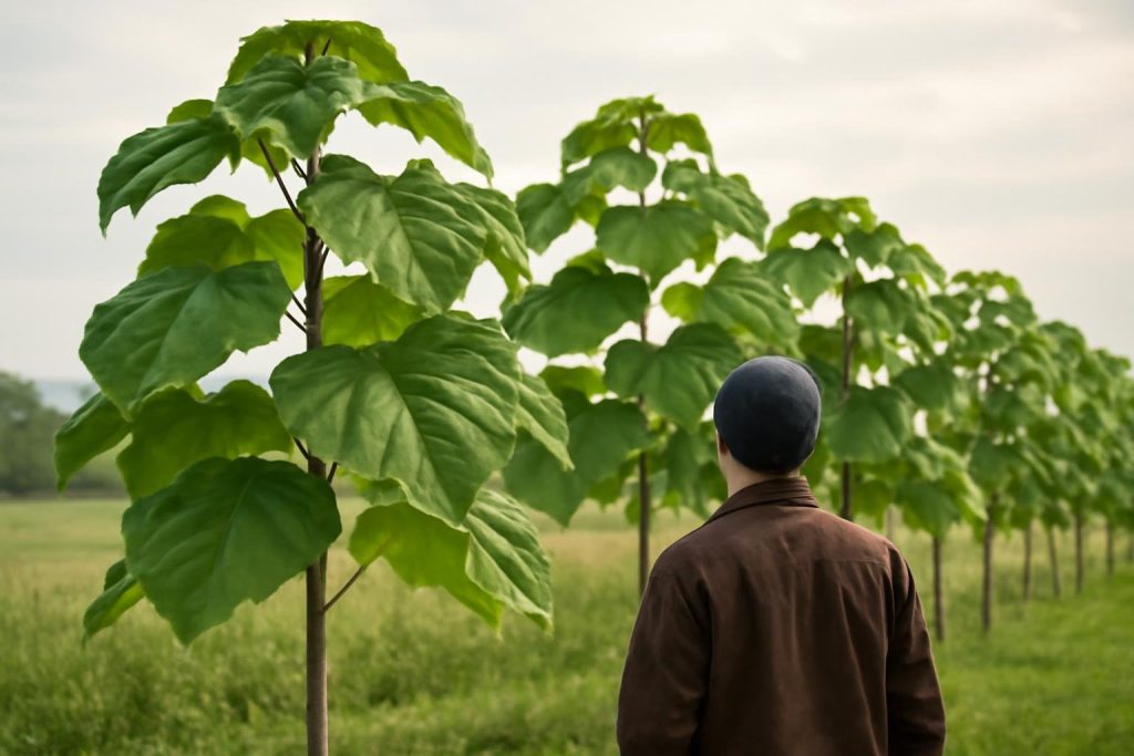 arbres-paulownia-personne-paysage-nuageux