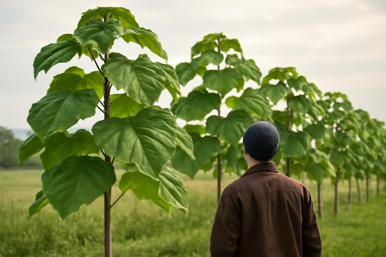 arbres-paulownia-personne-paysage-nuageux