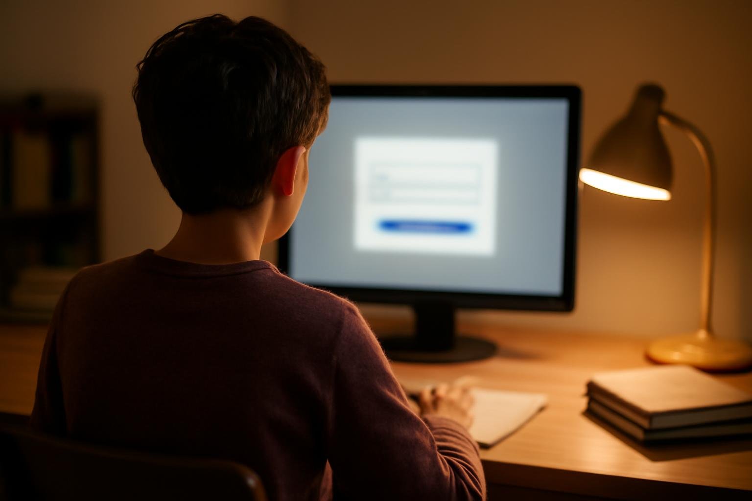 etudiant-bureau-ecran-flou-lumiere-chaude