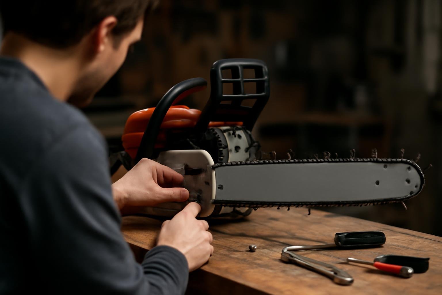 personne-ajustant-tronconneuse-etabli-garage