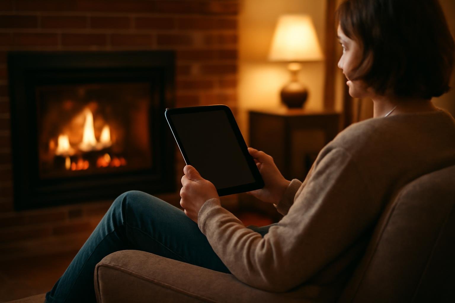 personne-salon-tablette-cheminee-éclairage-chaud
