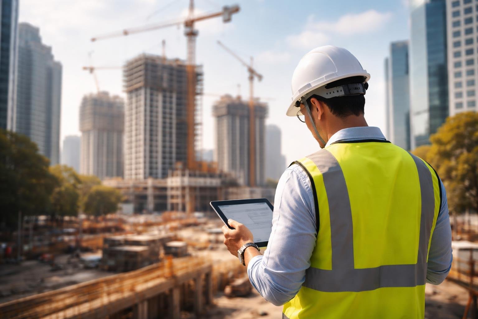 ville-moderne-batiments-personne-chantier-tablette