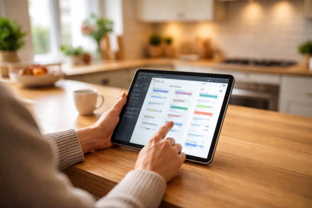 personne-tablette-cuisine-moderne-elegante