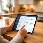 personne-tablette-cuisine-moderne-elegante