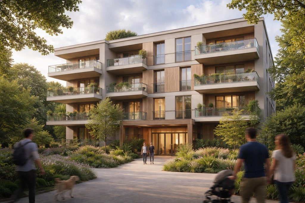 batiment-moderne-verdure-residents-ciel-nuageux