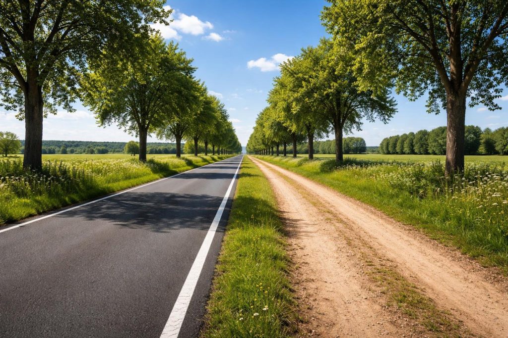 route-campagne-ciel-bleu-arbres-verdoyants