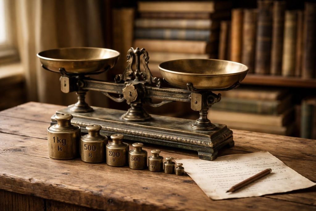 balance-ancienne-poids-table-bois