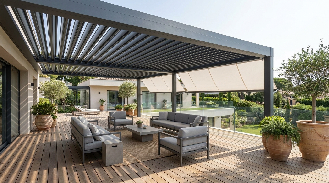 terrasse avec pergola bioclimatique aluminium gris anthracite et store banne rétractable