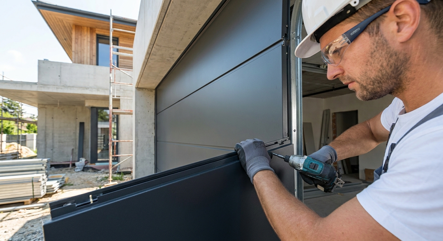 professionnel installant une porte de garage aluminium sur mesure sur un chantier