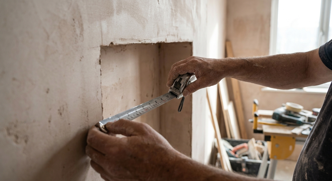 mesure d'une ouverture murale pour l'installation d'une verrière intérieure sur mesure lors d'un chantier de rénovation