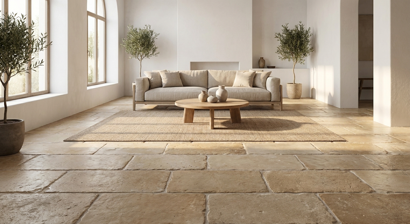 dalles de pierre naturelle d'Égypte en finition vieillie, tons beige et sable, posées en intérieur