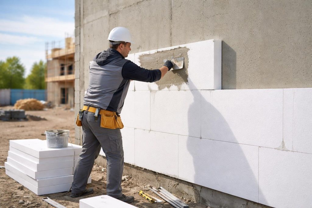 ouvrier-isolation-mur-polystyrene-chantier