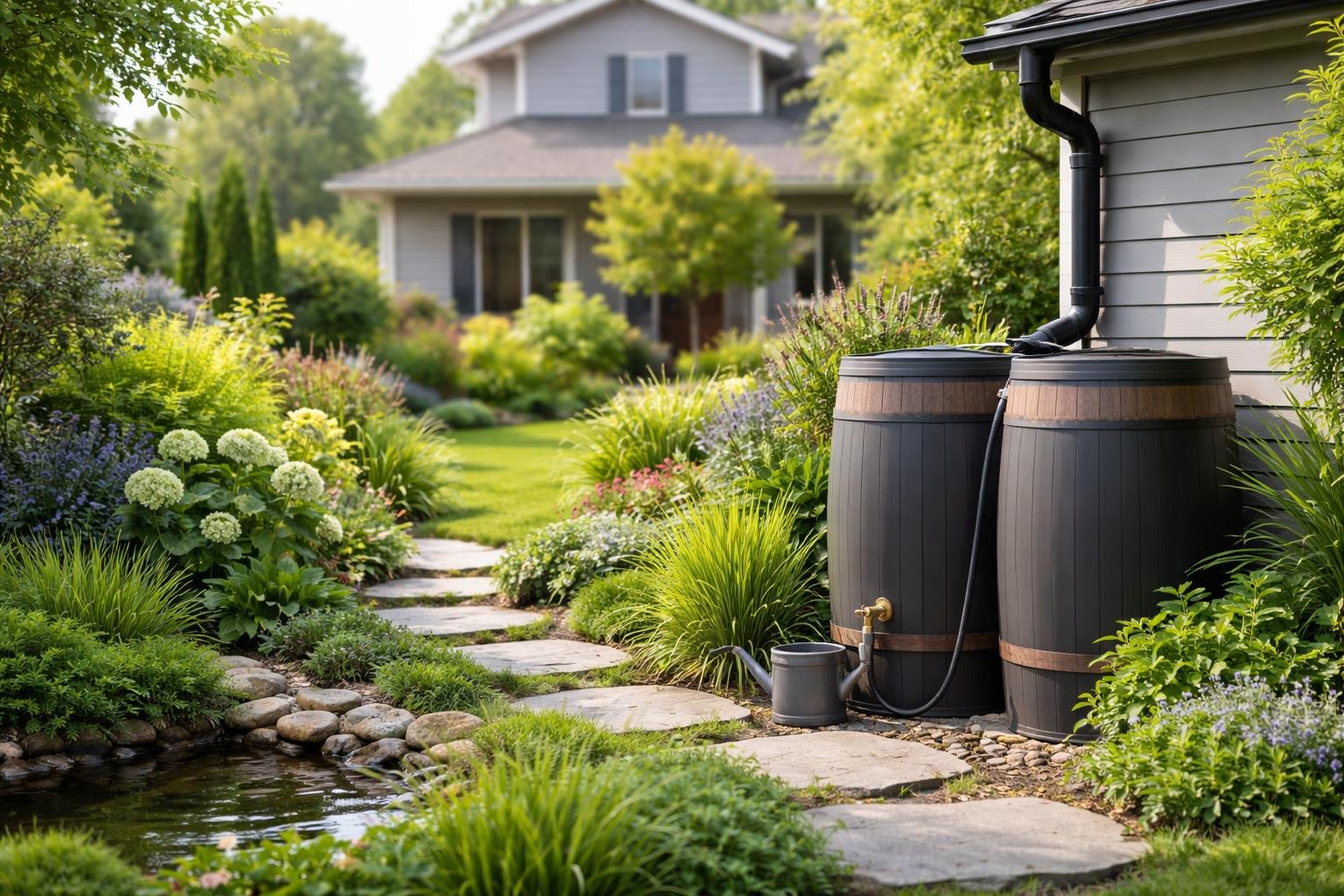 jardin-residentiel-barils-eau-plantes