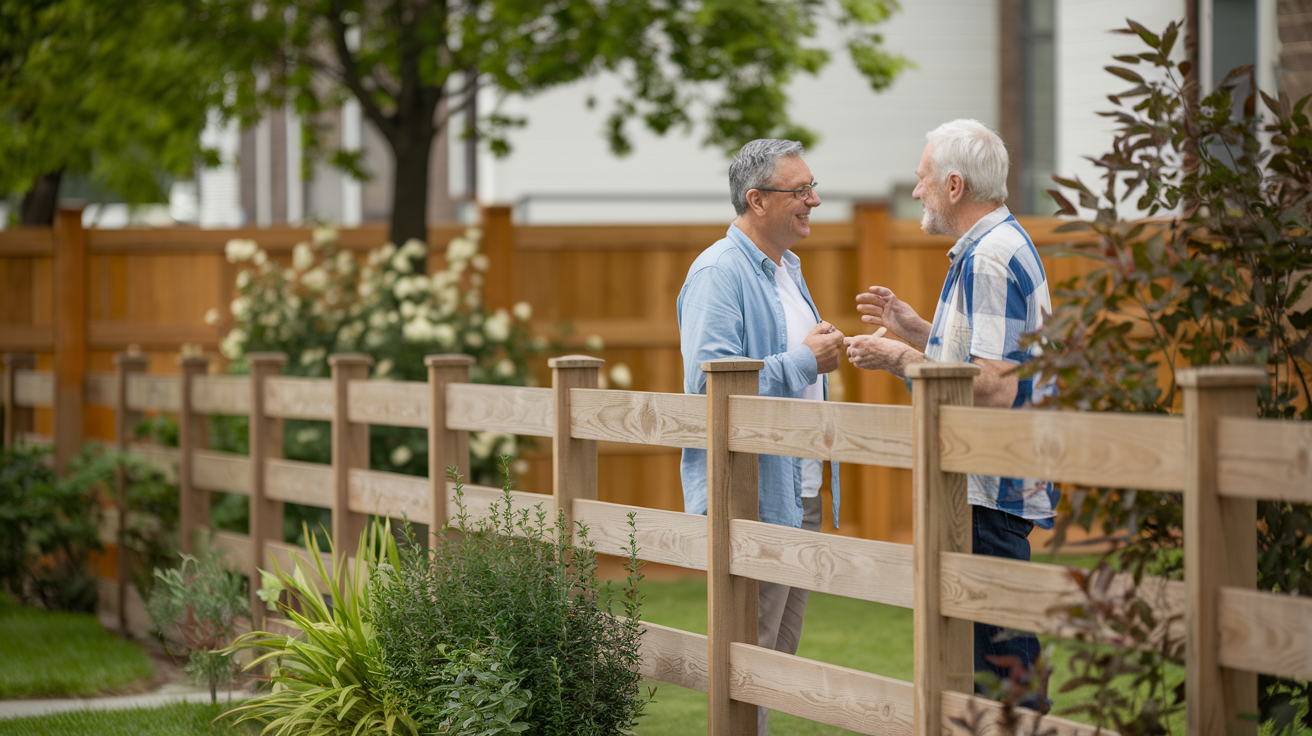 voisins-discutant-cloture-bois-plantes