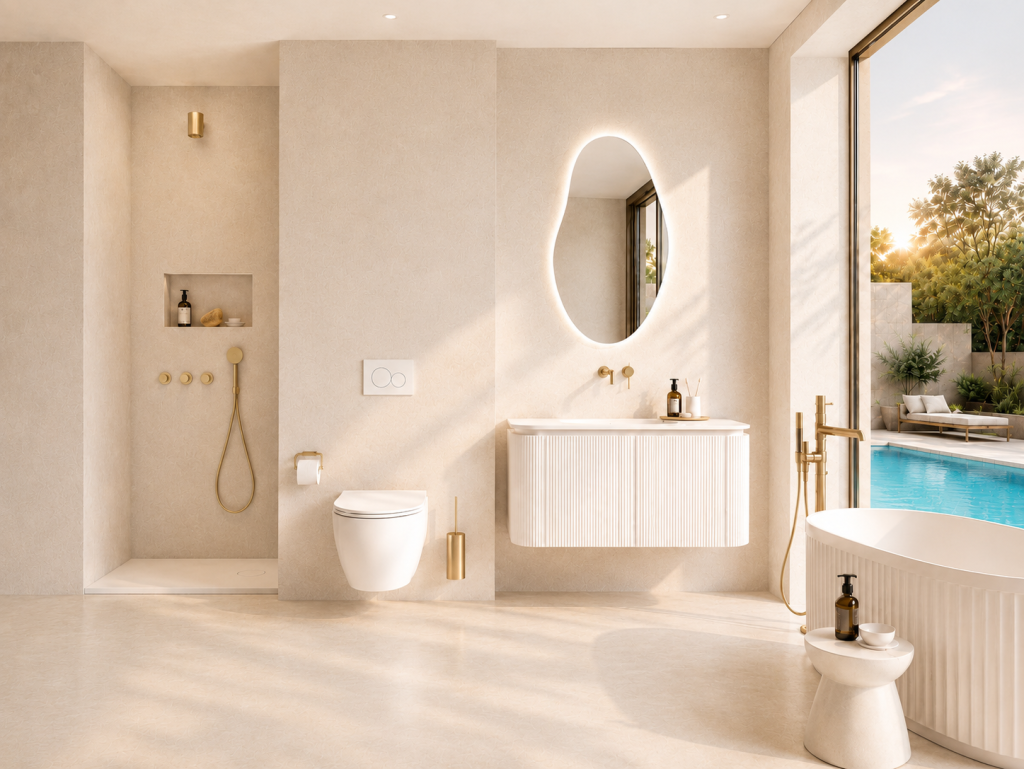 Salle de bain rénovée avec meuble vasque, receveur de douche et robinetterie TOTS