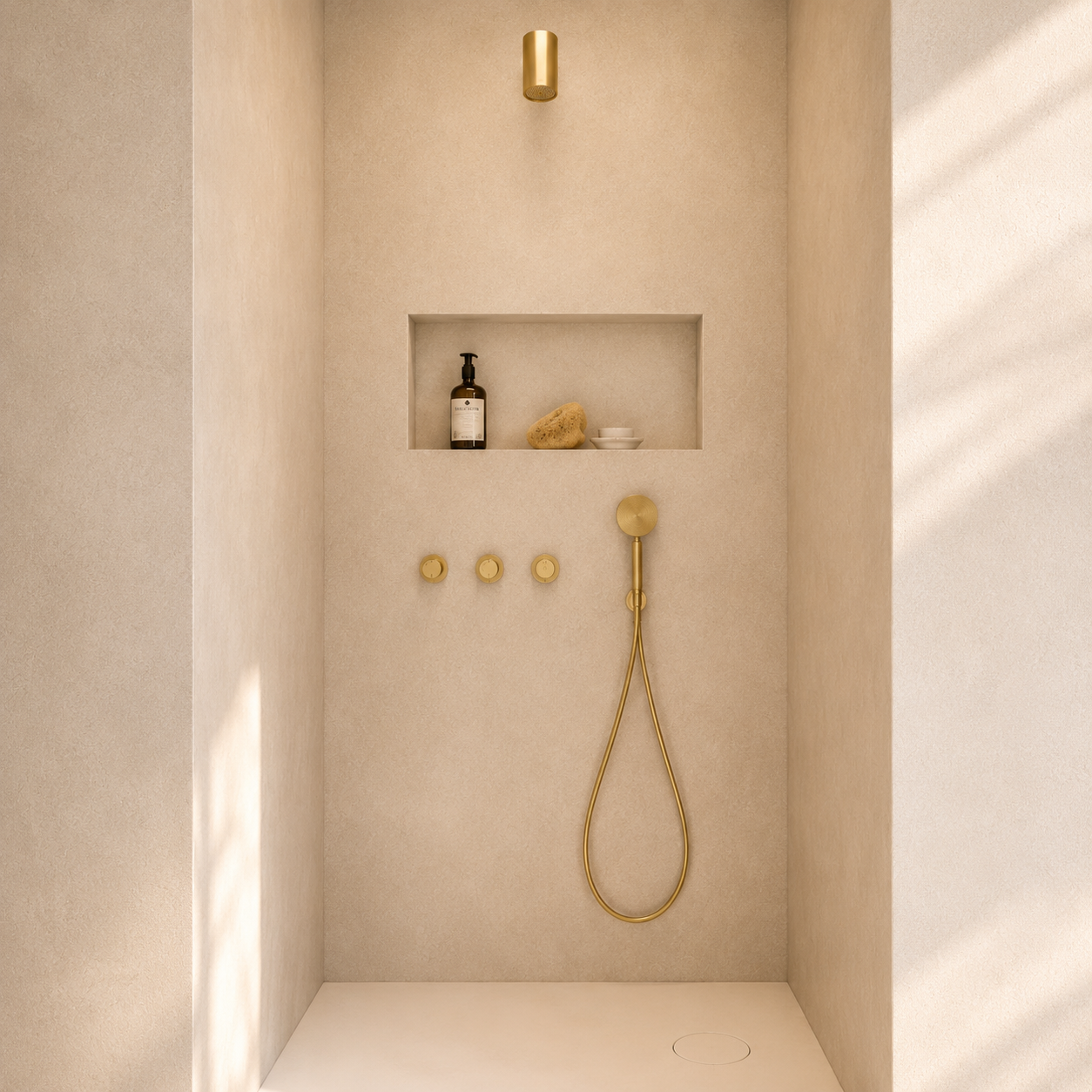 Ensemble de douche complet avec robinetterie dorée et niche murale